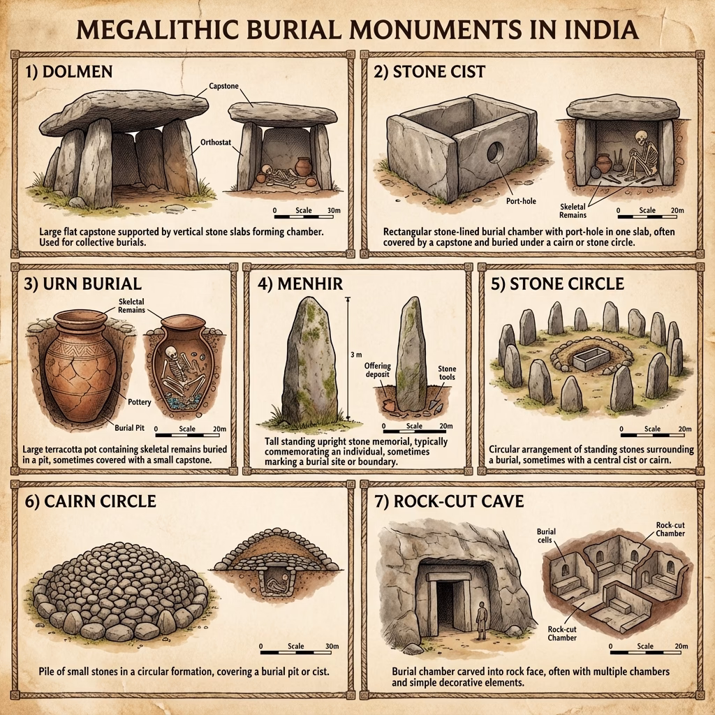 Types of Megalithic Burial Monuments - Dolmen, Stone Cist, Urn Burial, Menhir, Stone Circle, Cairn Circle