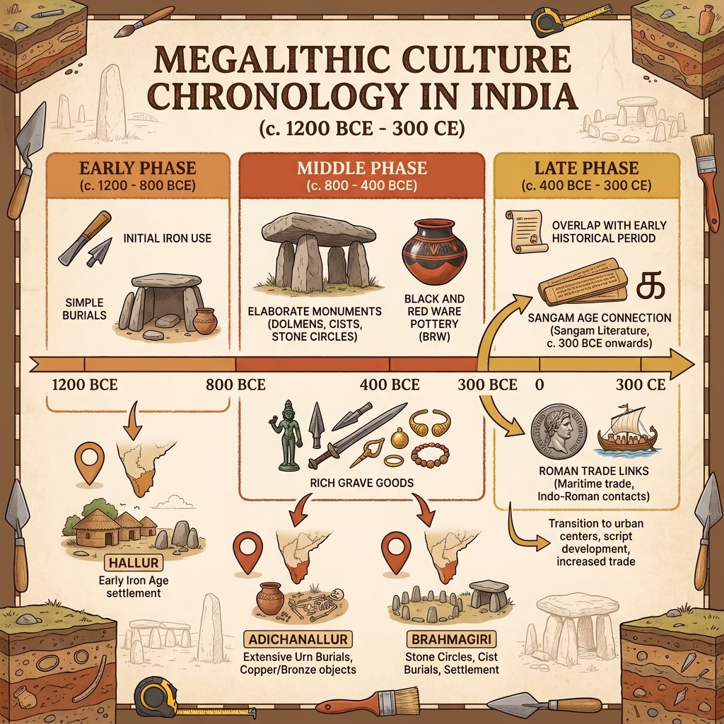 Megalithic Chronology Timeline - Early (1200-800 BCE), Middle (800-400 BCE), Late (400 BCE-300 CE) phases with key sites