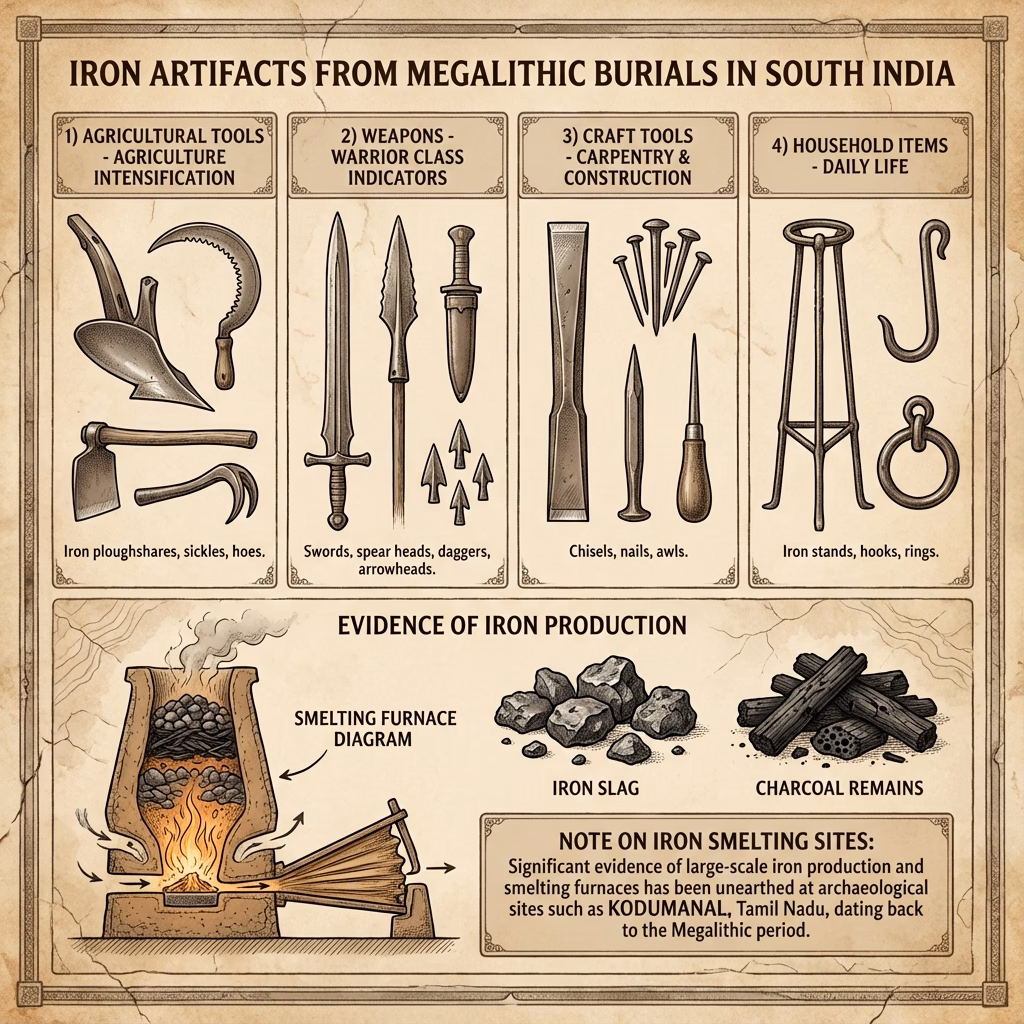 Iron Artifacts from Megalithic Burials - Agricultural tools, Weapons, Craft tools, Household items and smelting evidence
