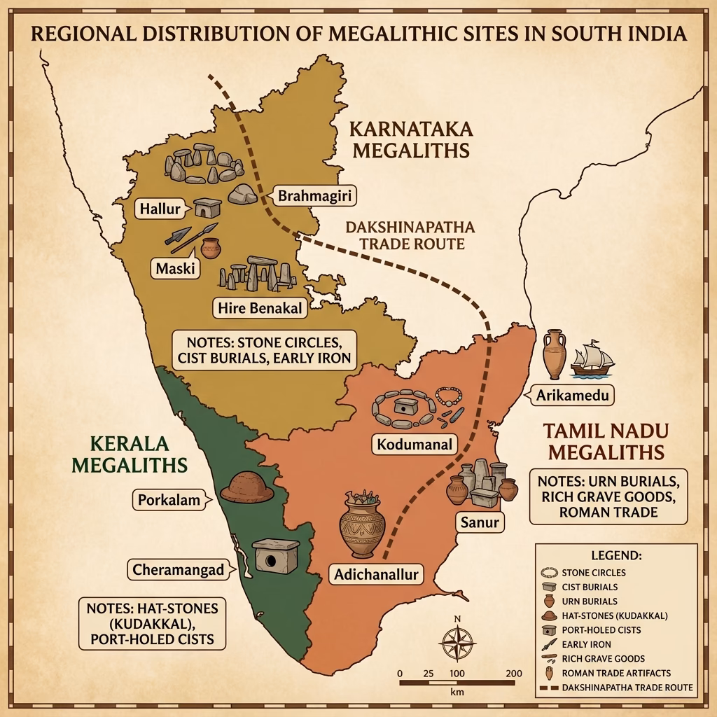 Regional Distribution of Megalithic Sites - Karnataka, Tamil Nadu, Kerala with key sites and burial types