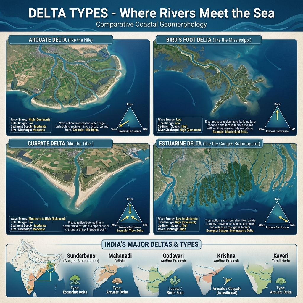 River Delta Types: Arcuate, Bird's Foot, Cuspate