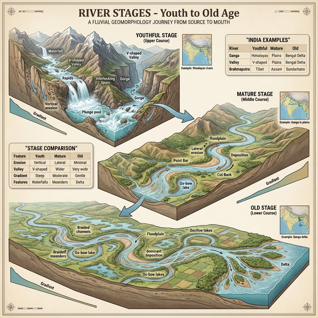 River Evolution Stages: Youth, Maturity, Old Age