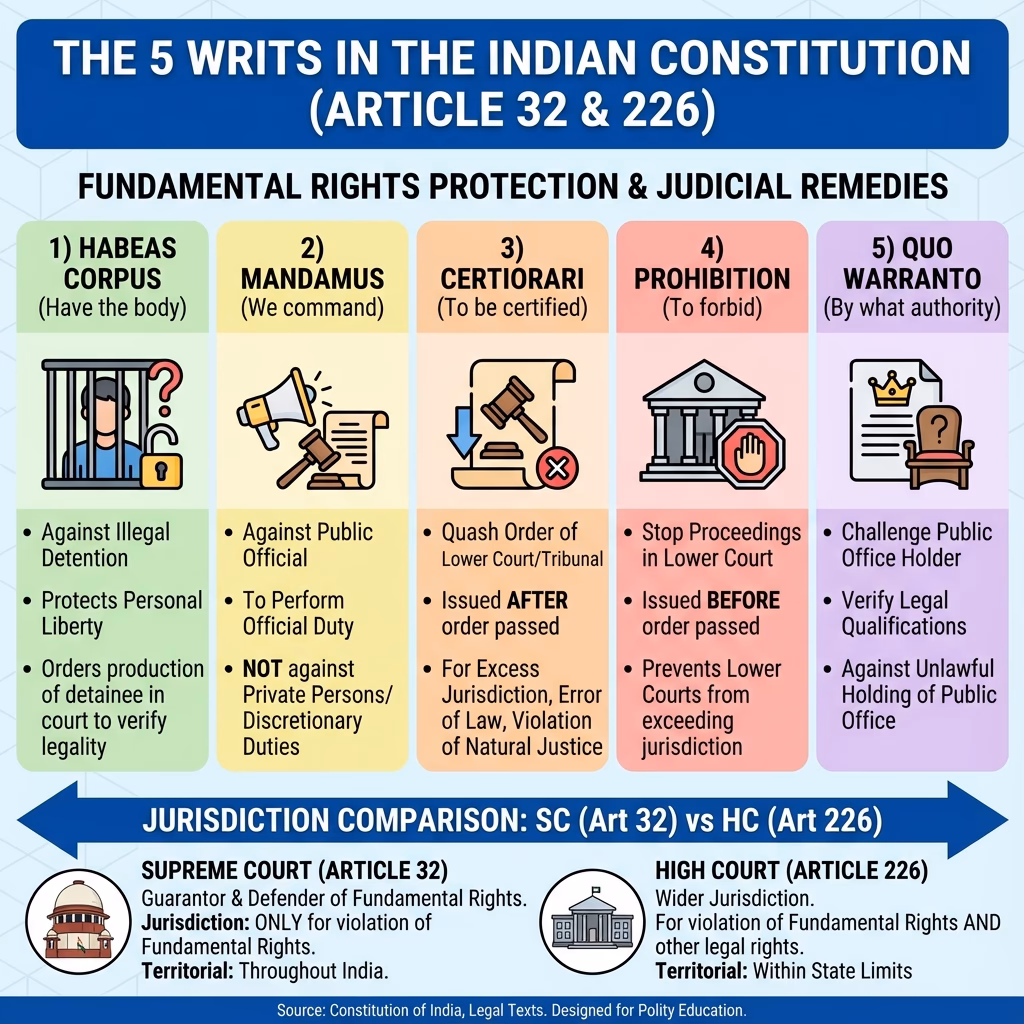5 संवैधानिक रिट - बंदी प्रत्यक्षीकरण, परमादेश, उत्प्रेषण, प्रतिषेध, अधिकार पृच्छा