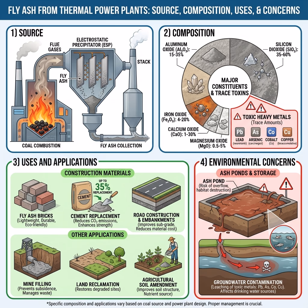 Fly Ash - thermal power plant source, composition (silica, alumina, iron oxides, heavy metals), uses (cement replacement, bricks, road construction, mine filling, soil amendment), and environmental concerns