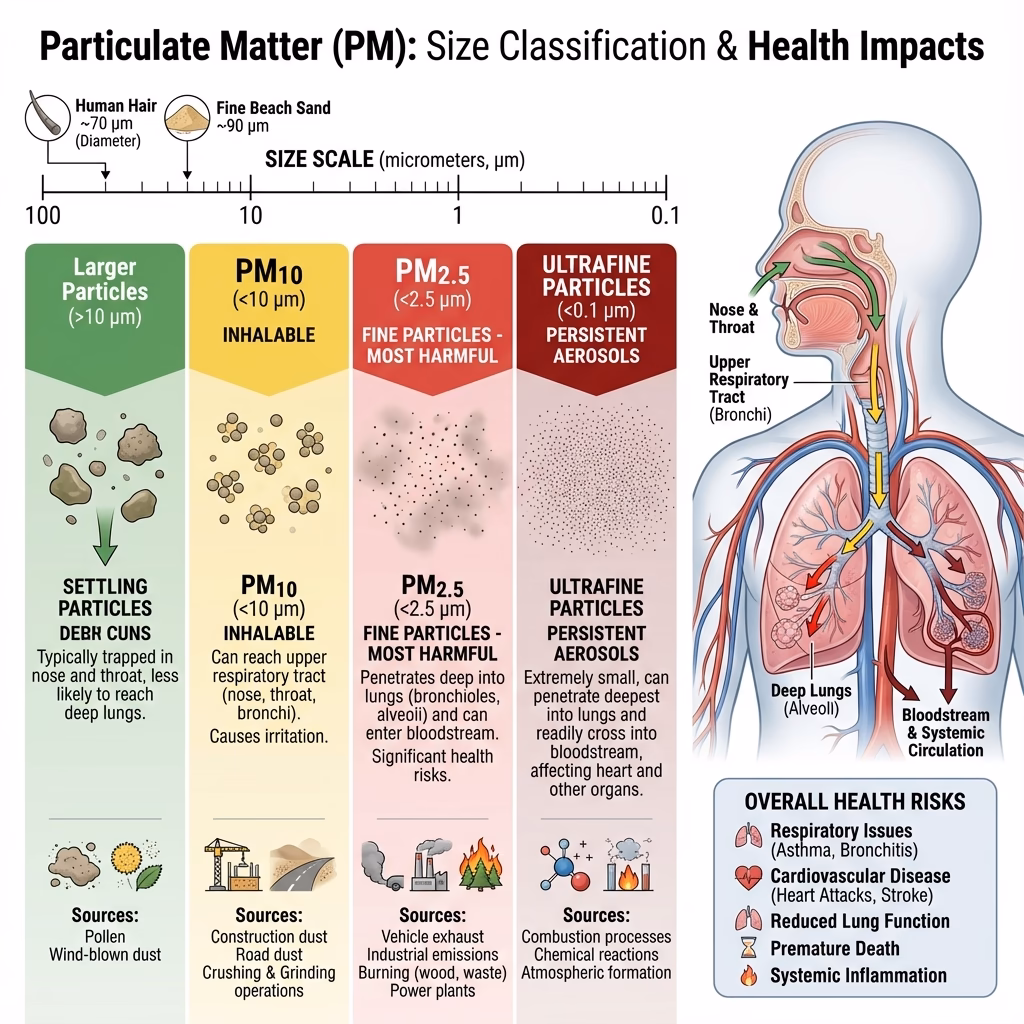Particulate Matter Size Classification - showing PM10 (inhalable, upper respiratory), PM2.5 (fine, penetrates lungs and bloodstream), ultrafine particles, size comparison with human hair, respiratory deposition zones, and common pollution sources